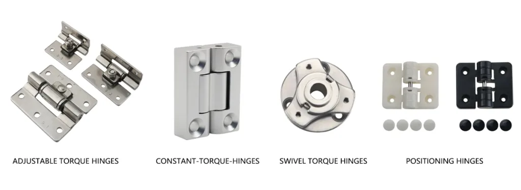 Comparison chart of 4 types of HTAN torque hinges: adjustable, constant, swivel, and positioning hinges