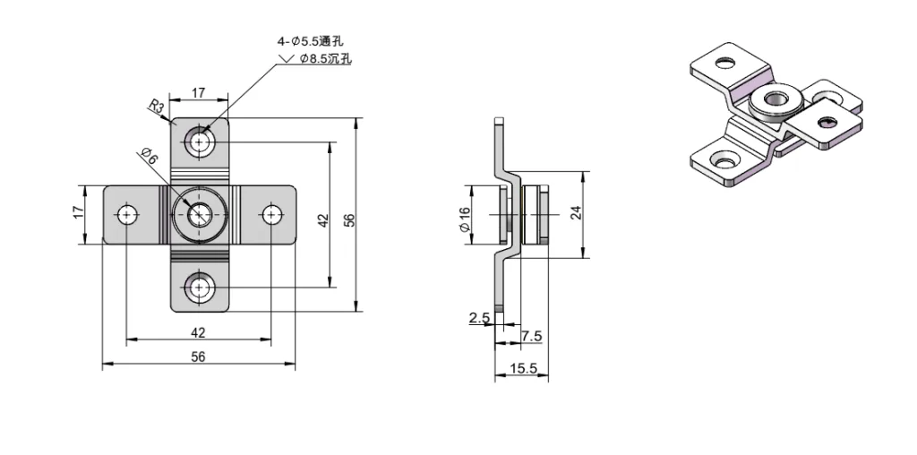 Stainless Steel Constant Torque Hinge Dimension Drawing XG11-012