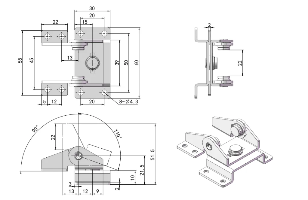 Stainless Steel Dual-Axis Torque Hinge Dimension Drawing HG11-005