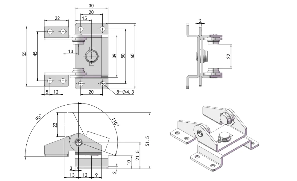 Stainless Steel Dual-Axis Torque Hinge Dimension Drawing XG11-005