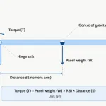 T＝パネル重量×9.81×距離dの式を示すトルクヒンジモーメントアーム図