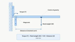 Drehmoment-Scharnier-Moment-Arm-Diagramm mit der Formel T = Plattengewicht × 9,81 × Abstand d