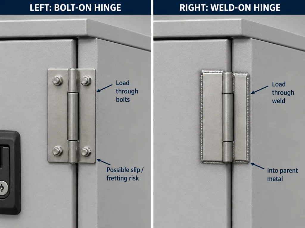 Bolt-on hinge and weld-on hinge load path comparison on a heavy industrial enclosure door