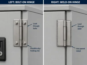 Bolt-on hinge and weld-on hinge load path comparison on a heavy industrial enclosure door
