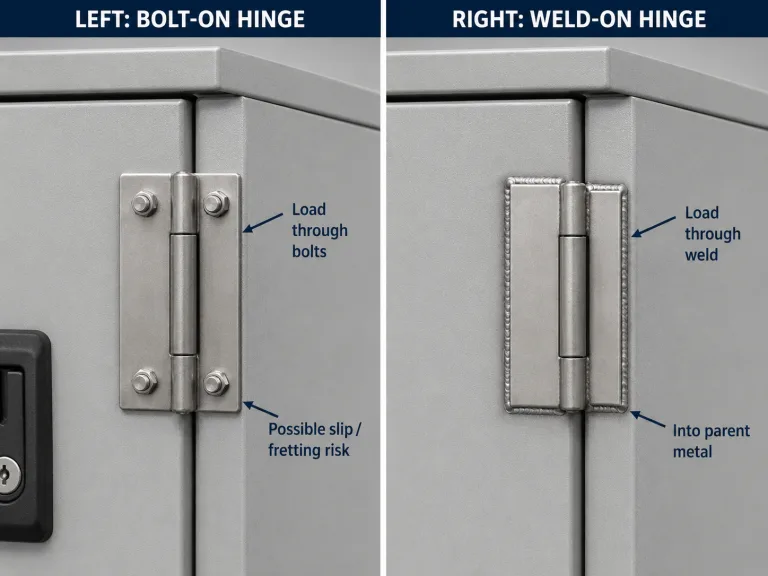 Bolt-on hinge and weld-on hinge load path comparison on a heavy industrial enclosure door
