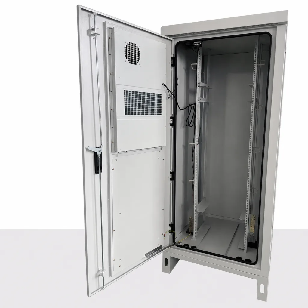 Industrial concealed hinge installed on an open electrical enclosure door with gasket and internal mounting frame
