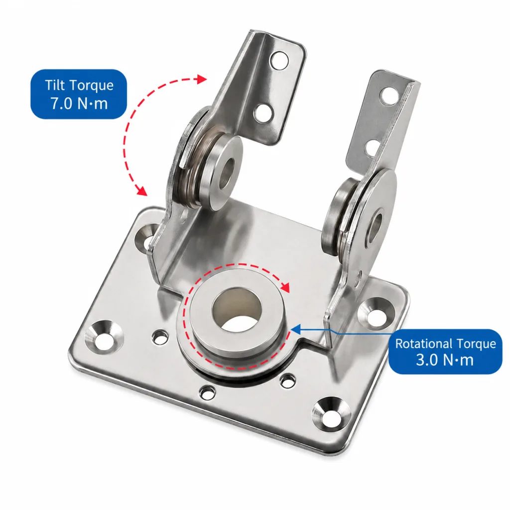 Stainless steel dual-axis torque hinge showing tilt axis rated 7.0 N-m and rotation axis rated 3.0 N-m