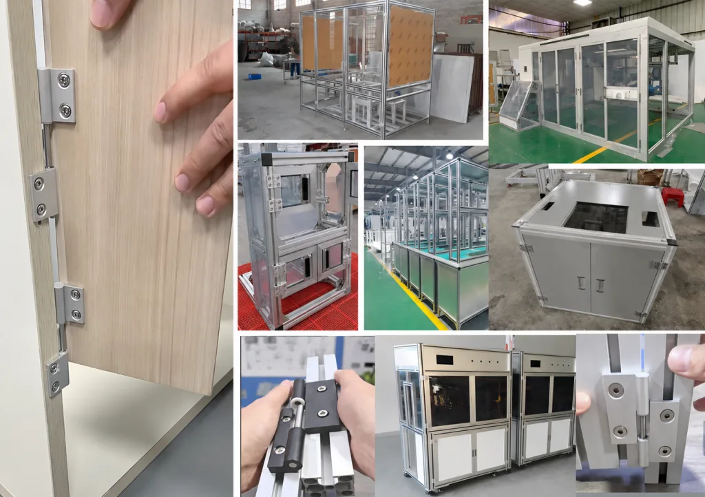 Flag lift-off hinge face-mounted on the door of an aluminum-extrusion equipment cabinet, shown during assembly