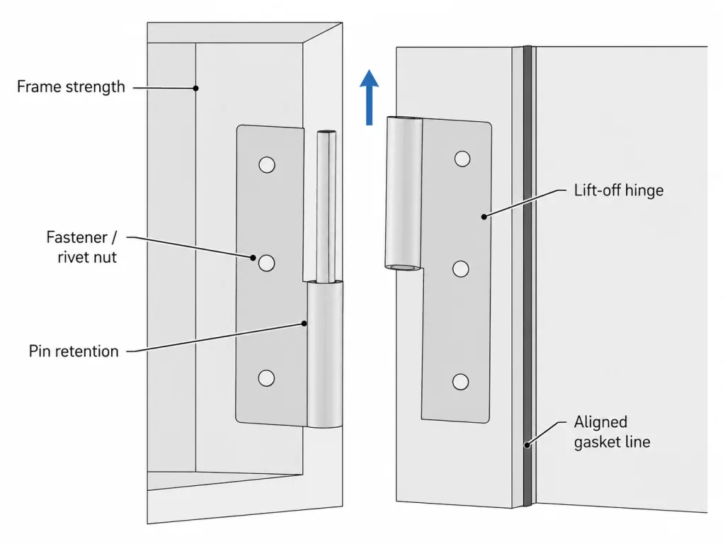 Lift-off hinge frame fastener and gasket alignment detail
