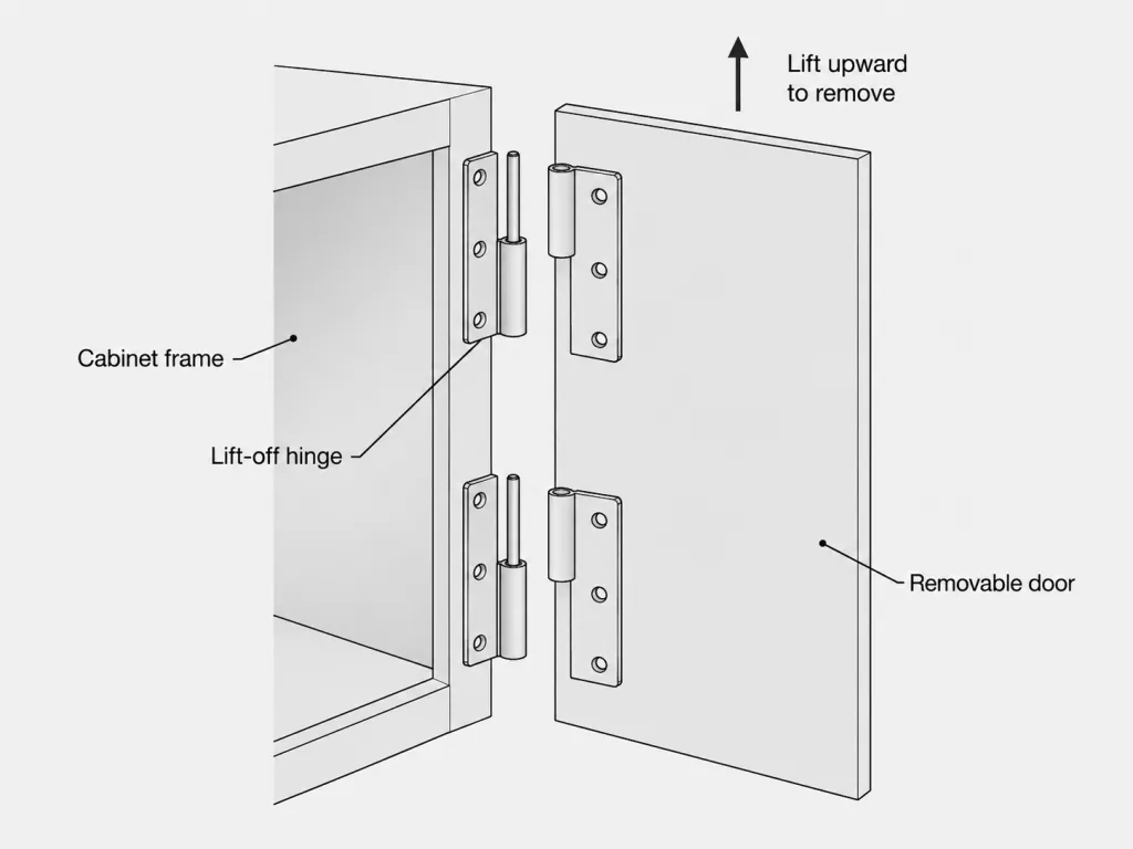 Lift-off hinge showing removable industrial cabinet door