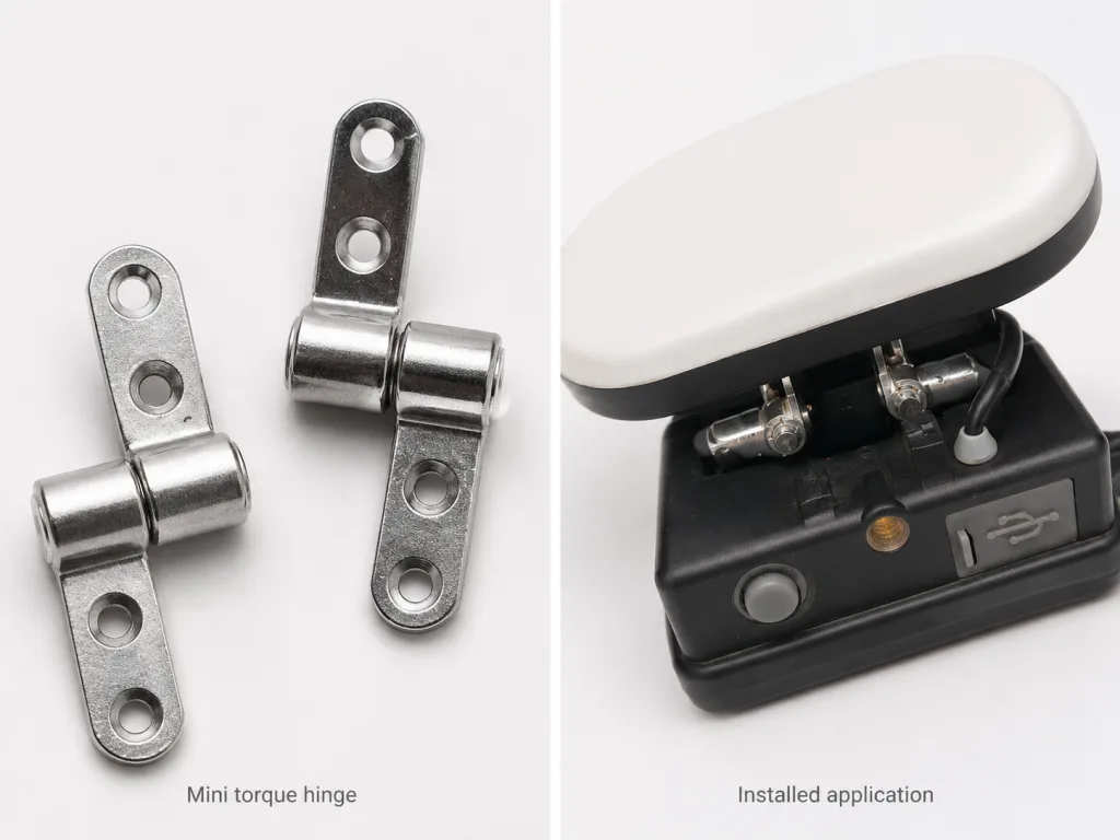 Mini torque hinge holding the light head of a head-mounted outdoor lamp at an angle hands-free