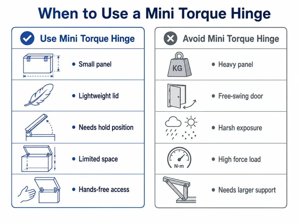 Mini torque hinge use and avoid guide for small panels