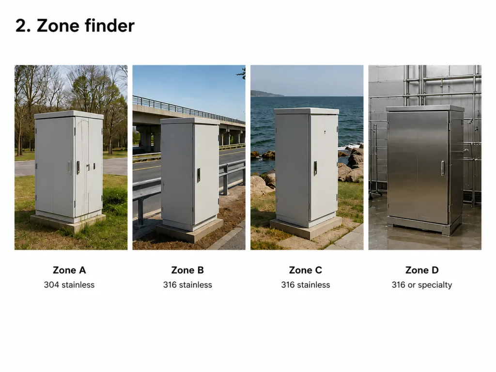 Outdoor enclosure hinge exposure zone finder showing Zone A 304 stainless steel and Zones B C D 316 stainless steel or specialty material