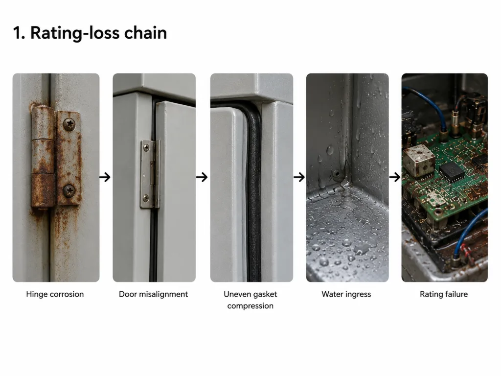 Outdoor enclosure hinge rating loss chain showing hinge corrosion door misalignment uneven gasket compression water ingress and rating failure