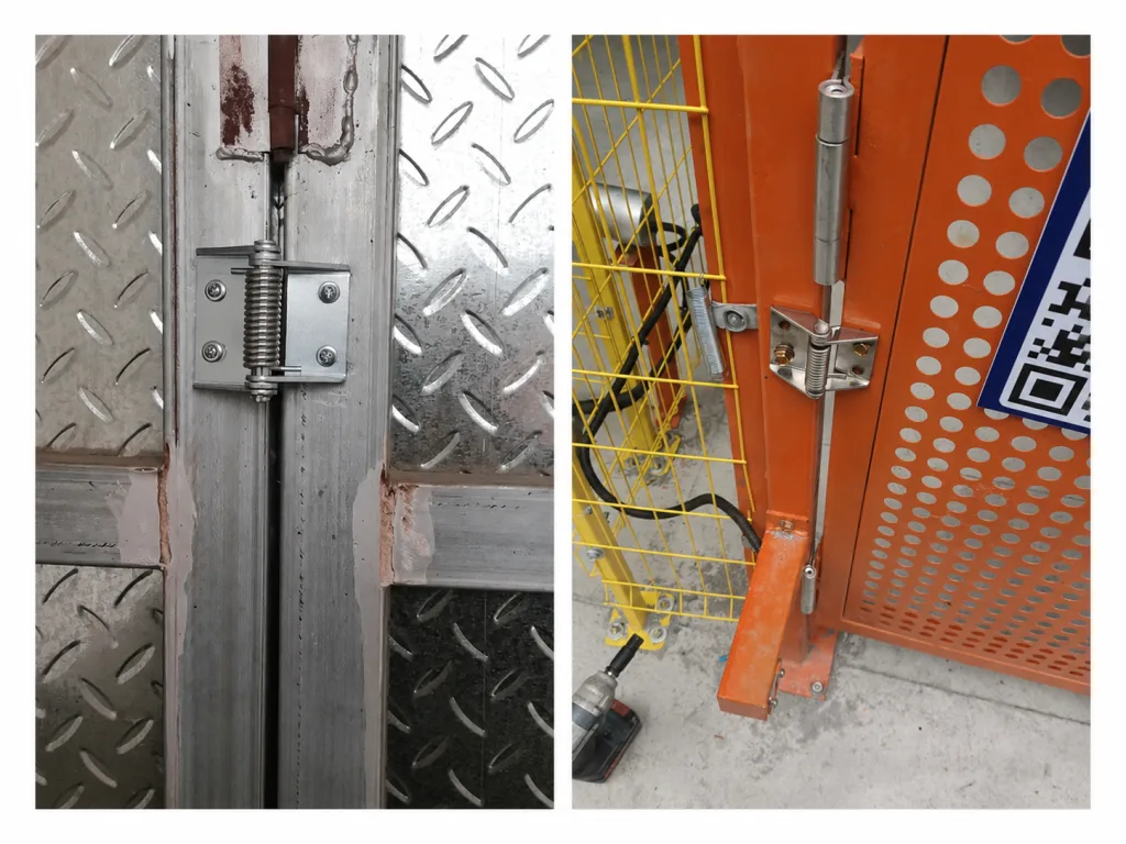 Self-closing spring hinge on industrial safety gates
