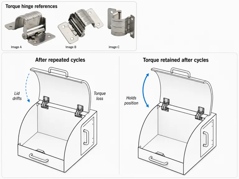 Torque hinge cycle life showing torque loss and torque retention after repeated cycles