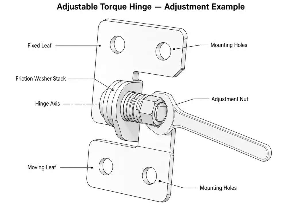 Adjustable torque hinge showing the adjustment nut hinge axis and wrench position