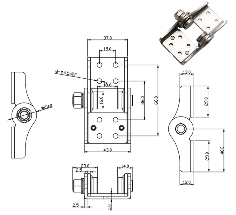 Adjustable torque hinge dimensional drawing with mounting and access dimensions