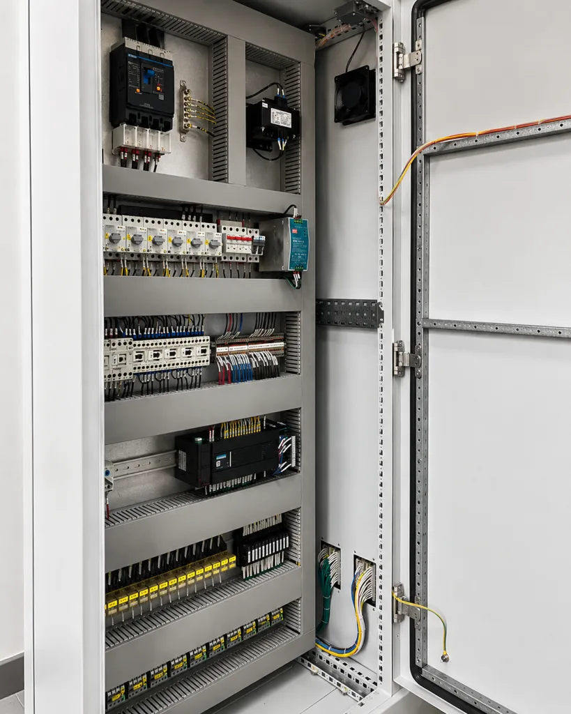Concealed hinges installed inside an open industrial electrical control cabinet