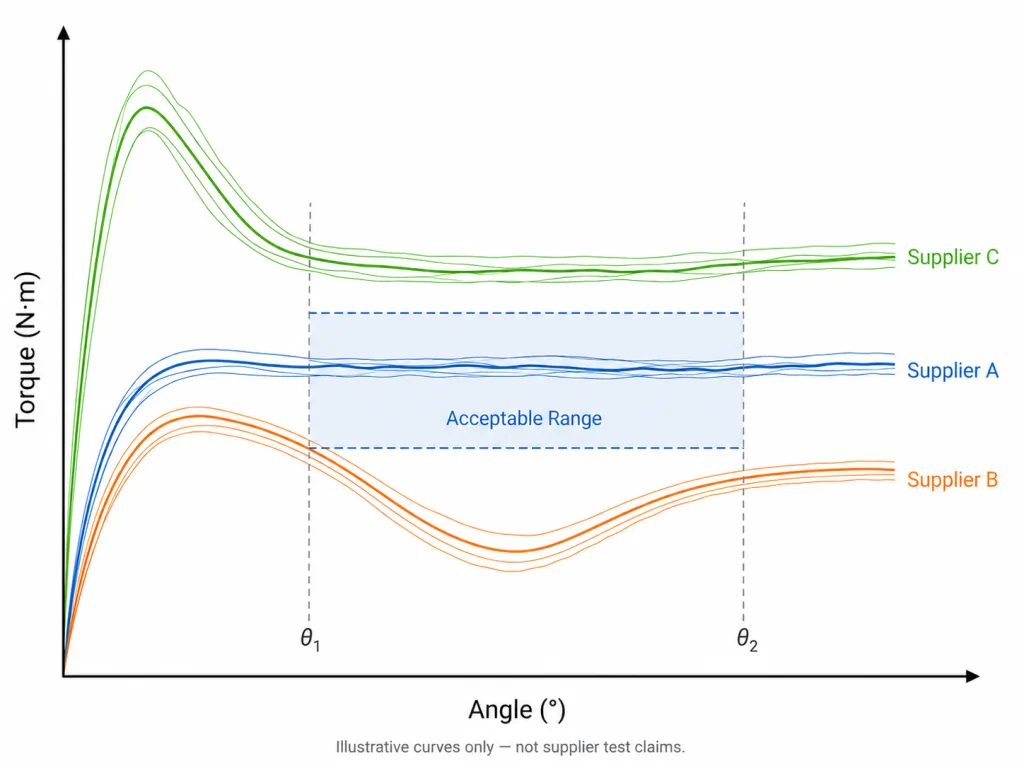Constant torque hinge supplier torque-angle curves showing the acceptable range and sample variation