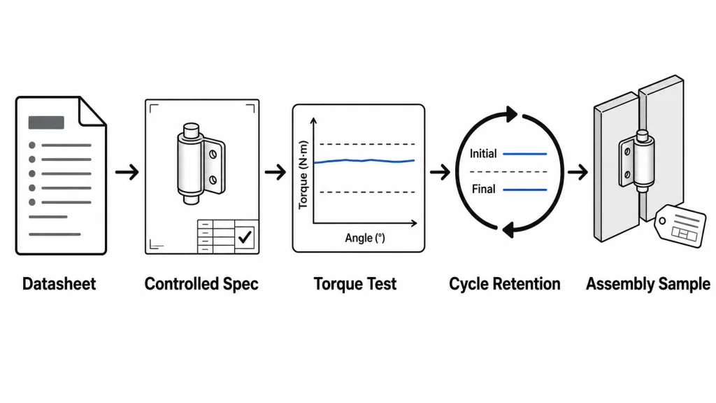 Constant torque hinge supplier evidence from controlled specifications and test data to a traceable assembly sample