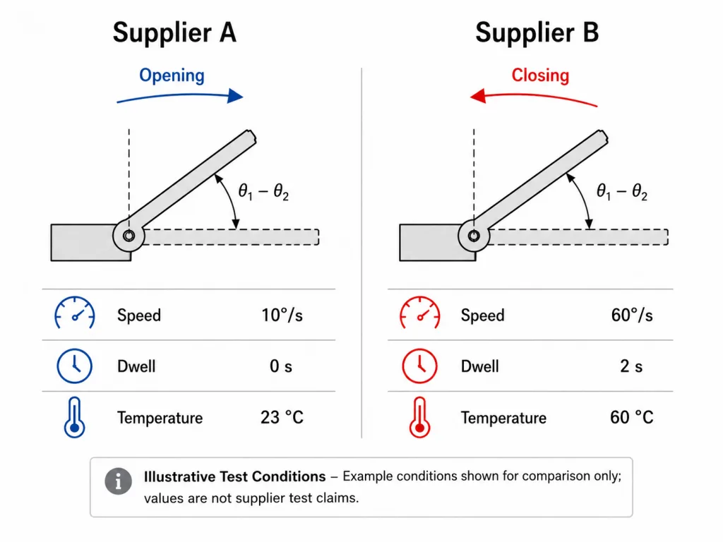Constant torque hinge supplier comparison showing different direction speed dwell and temperature test conditions