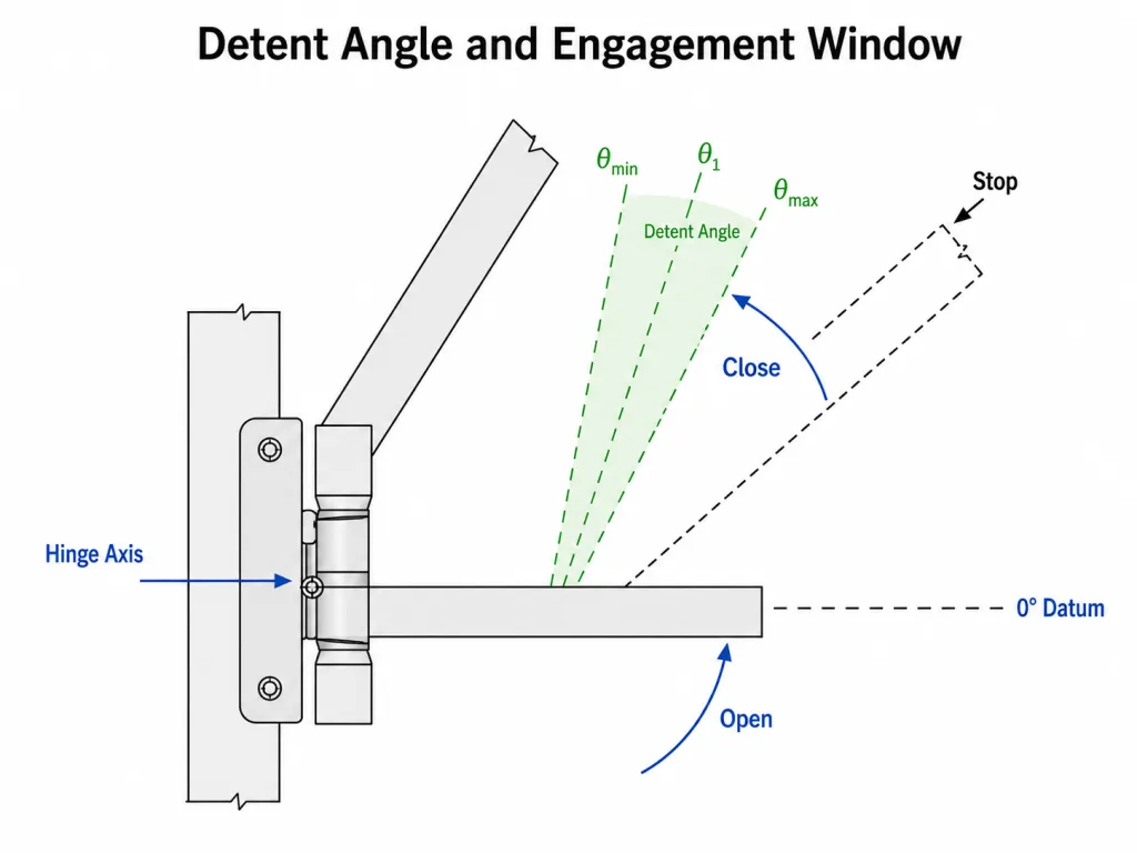 Detent hinge angle datum with engagement window and mechanical stop