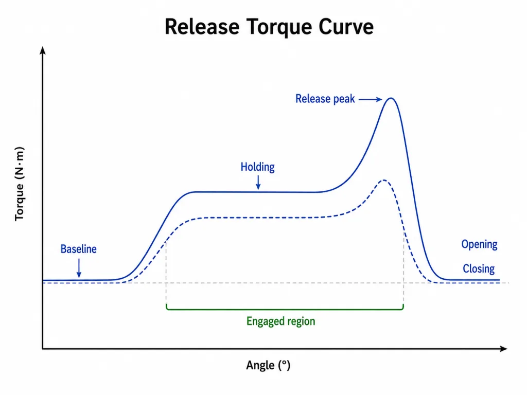 Detent hinge torque-angle curve showing holding region and release peak