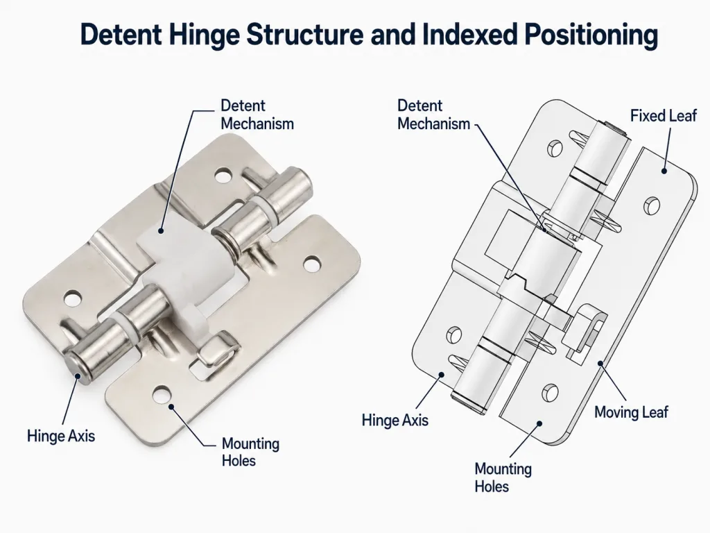 Detent hinge product and CAD view showing the indexed positioning mechanism