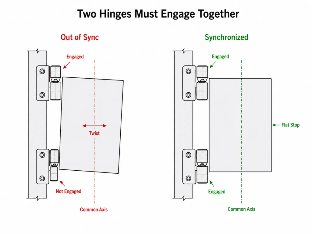 Two detent hinges showing out-of-sync and synchronized engagement
