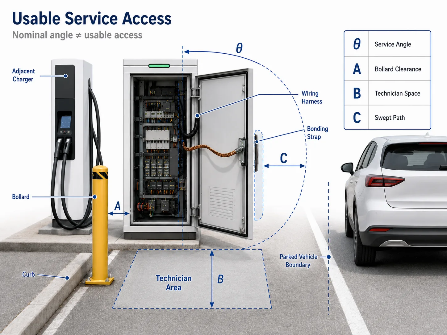 EV charger service door clearance and opening envelope