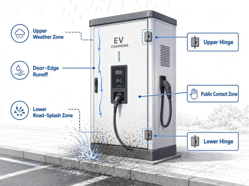 EV charging cabinet hinges exposed to rain runoff and lower road splash