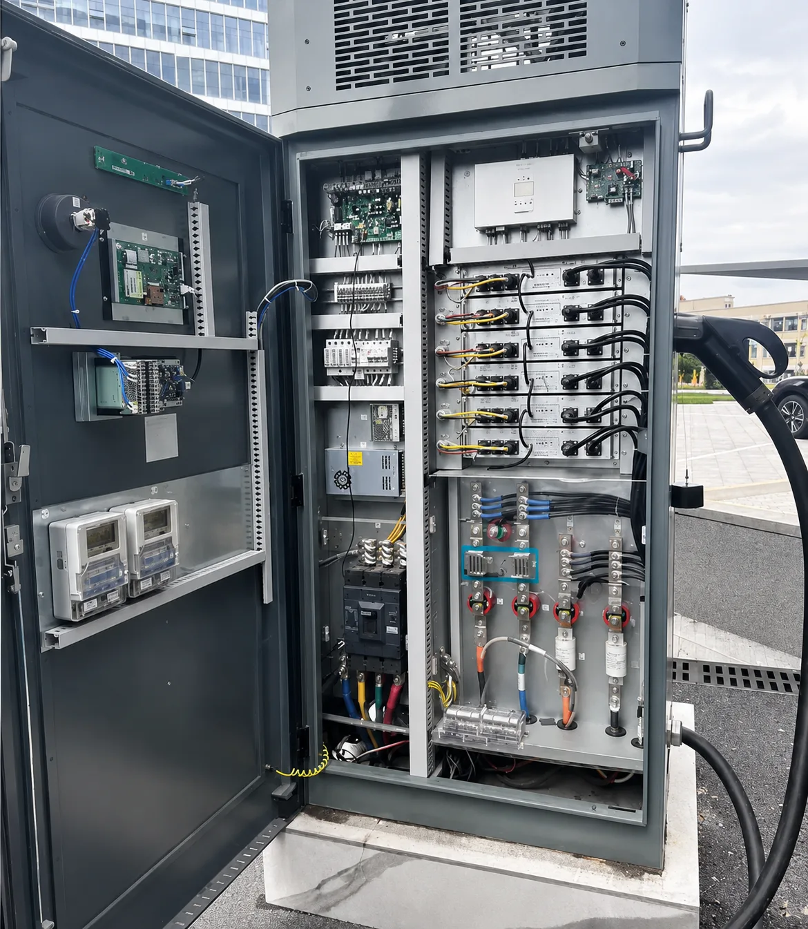 Open EV charging station service enclosure