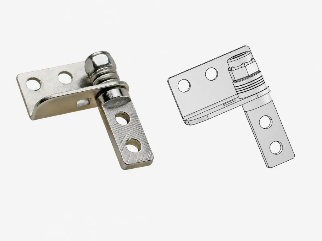 Free-stop torque hinge product and CAD view showing the friction-based positioning structure