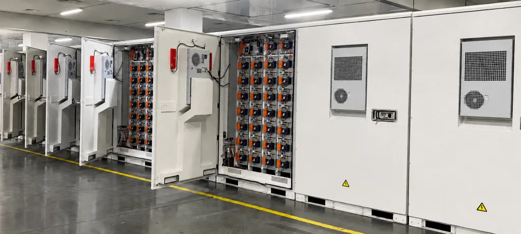 Open full-height energy storage enclosure doors in an equipment room