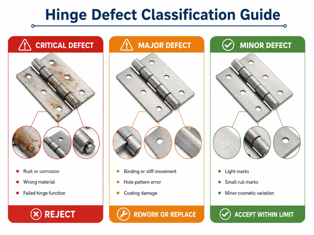 Hinge defect classification — critical, major, and minor defects with accept or reject
