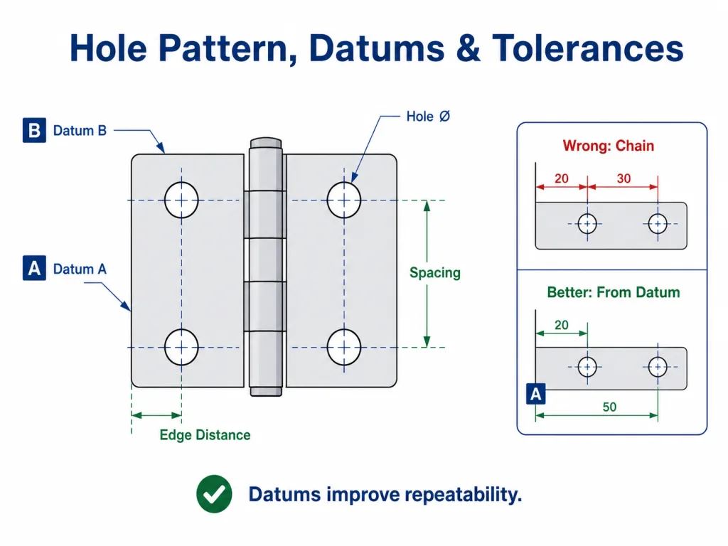 Hinge drawing showing hole pattern datums and dimensional tolerances