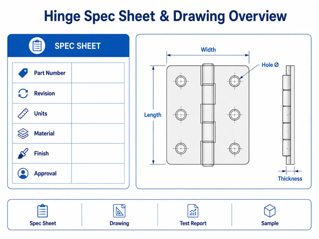 Hinge spec sheet and engineering drawing overview with key document fields