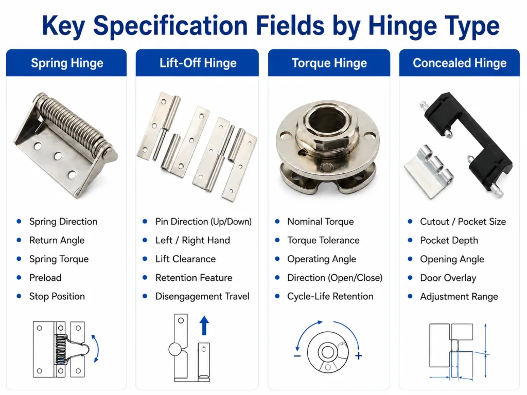 Key specification fields for spring lift-off torque and concealed hinges