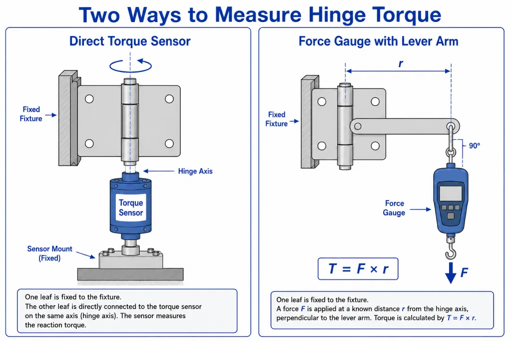 How to measure hinge torque with a direct torque sensor and force gauge lever arm