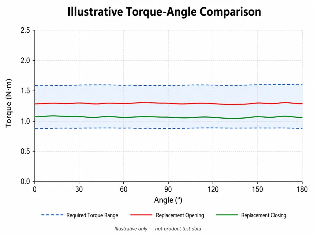 Torque-angle comparison of required range and replacement hinge behavior