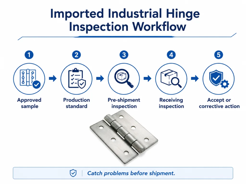 Imported industrial hinge inspection workflow, from approved sample to corrective action