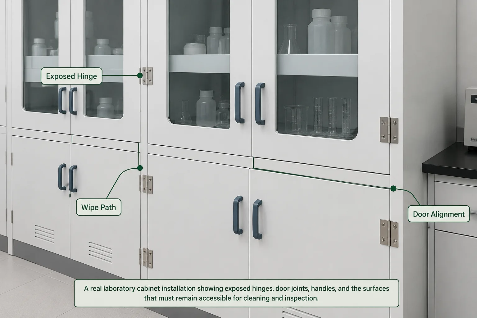 Laboratory cabinet with exposed hinge mounting