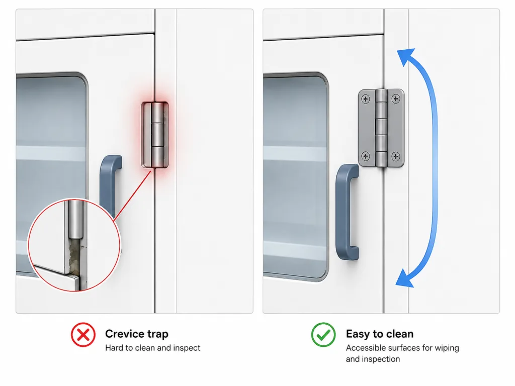 Laboratory cabinet hinge comparison showing restricted crevice access and an accessible wipe path around the joint