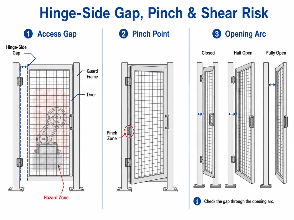 Machine guard hinge-side access gap pinch point and opening arc