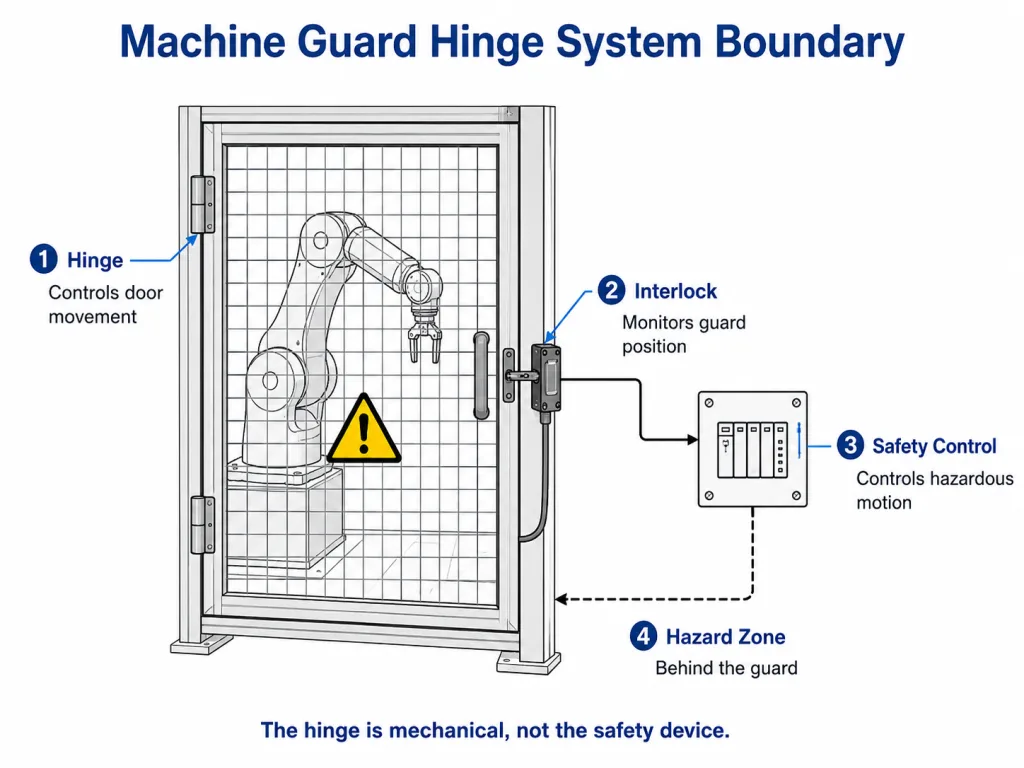 Machine guard hinge interlock and safety control system boundary