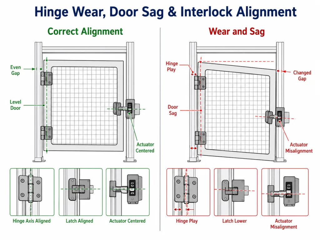 Hinge wear causing machine guard door sag and interlock misalignment