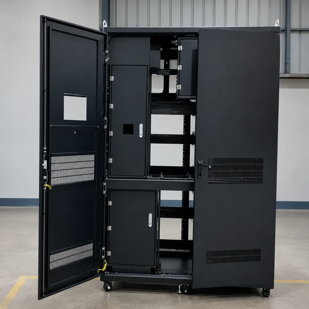 Concealed hinges on a modular server rack with multiple access doors