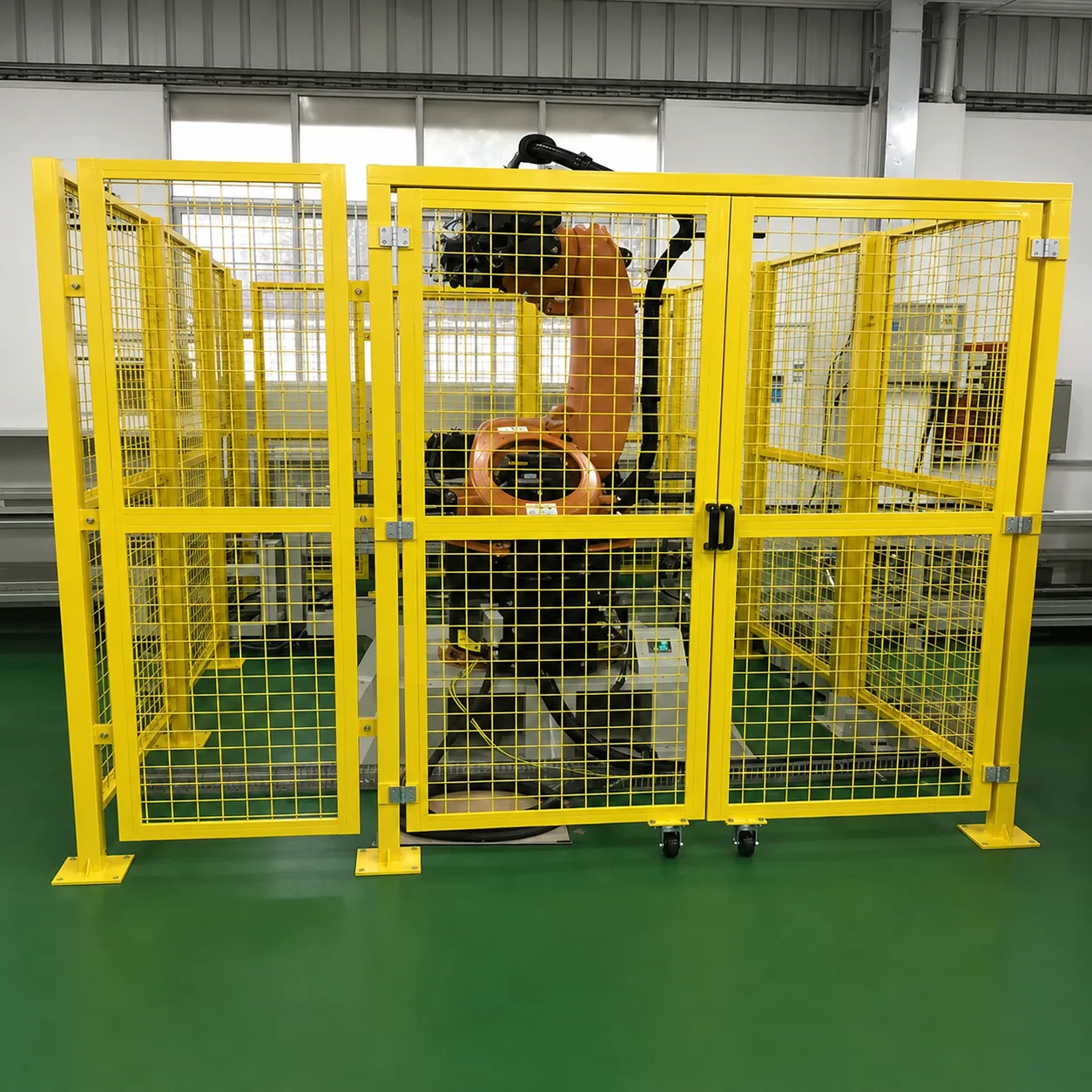 Robot cell machine guard with framed access doors and visible hinge sides