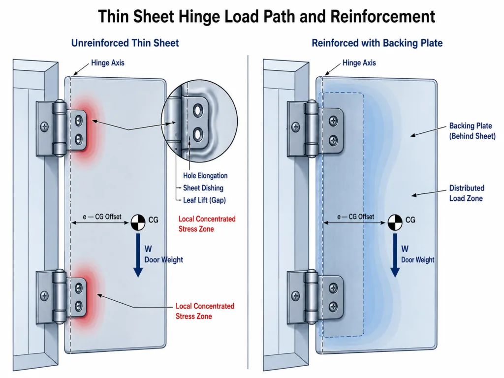 Correct and misaligned hinge axes on a sheet metal door with two industrial hinges